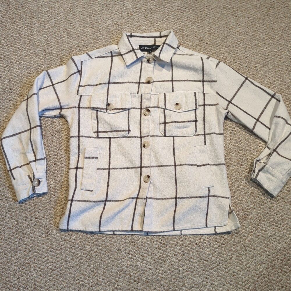 Kendall + Kylie Button Down Flannel Plaid Shacket Shirt Womens Small Cream